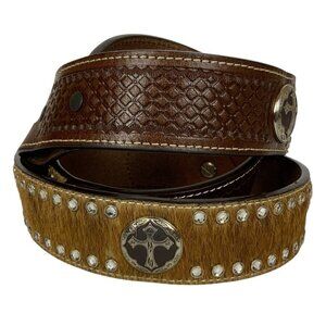 3D Belt Co Mens Western Sz 38 Handcrafted Leather Hide Studs Cross Conchos